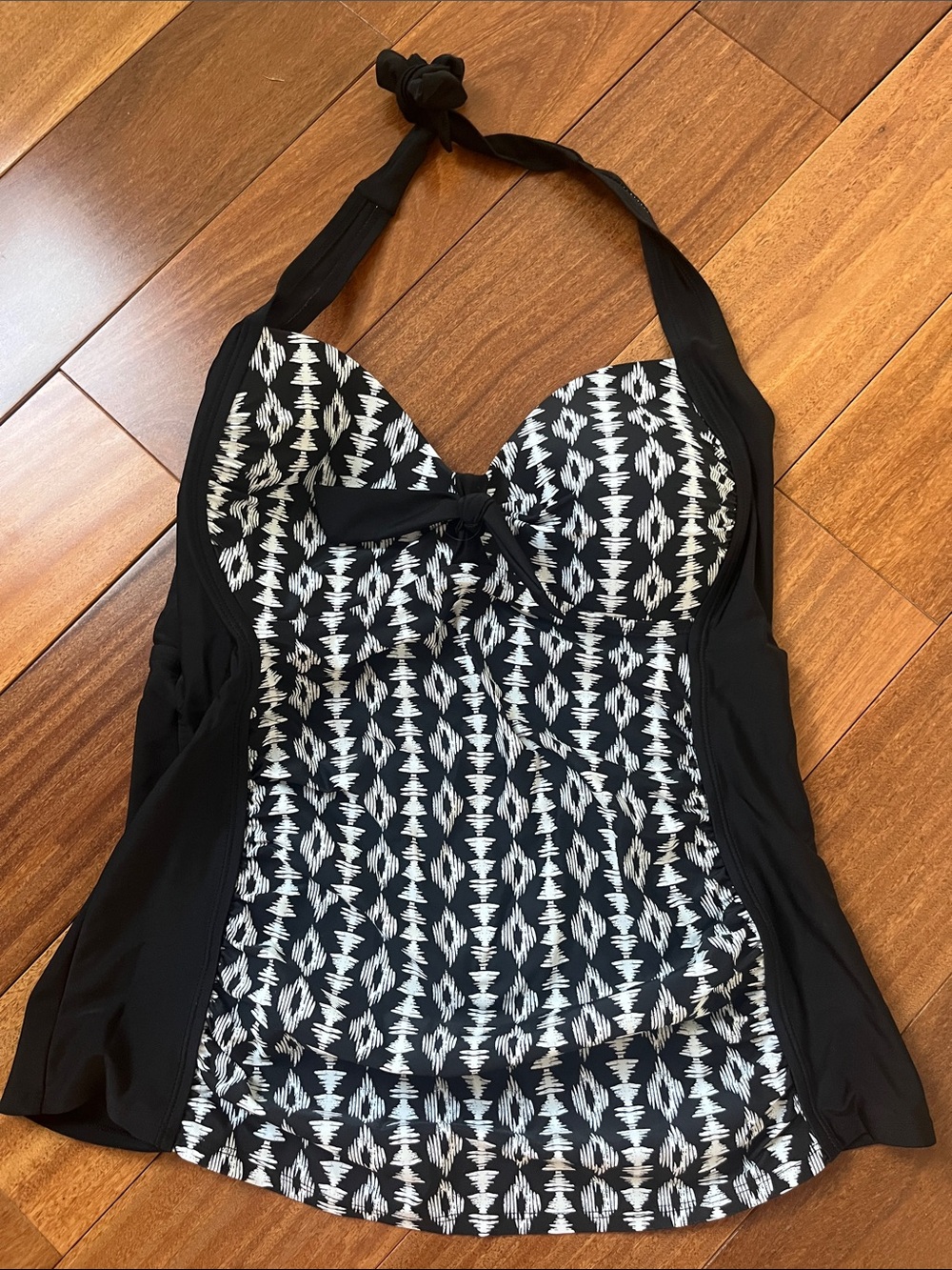 Merona Black and White Patterned Tankini with Halter Tie